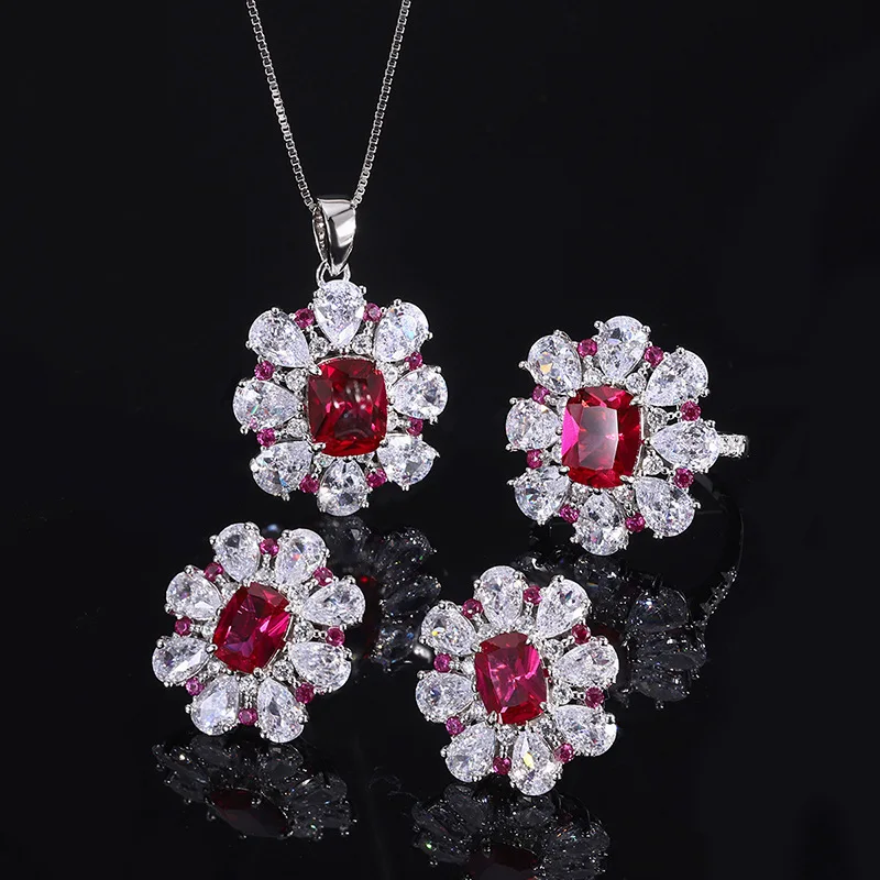 Elegant Lab Created Ruby Luxury Jewelry Set S925 Sterling Silver Flower Pendant Necklace Ring Earrings Engagement Wedding Gift
Elegant Lab Created Ruby Luxury Jewelry Set S925 Sterling Silver Flower Pendant Necklace Ring Earrings Engagement Wedding Gift