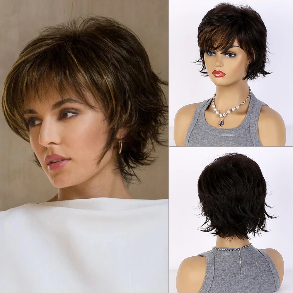 

Short Curly Bob Wig with Bangs Brown Ombre Hairstyle Loose Wave Hair Heat Resistant Synthetic Cosplay Party Wigs for Women
