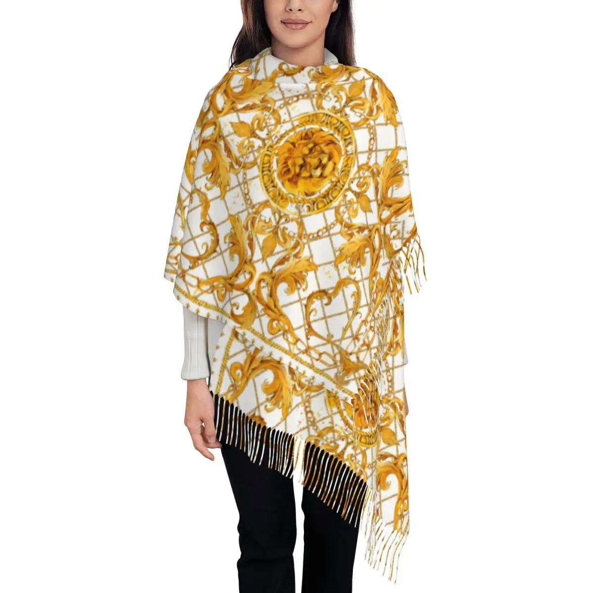 

Женский шарф с кисточкой и золотым львом и Дамасским орнаментом, большая зимняя Осенняя шаль и накидка, повседневная одежда, шарфы из пашмины