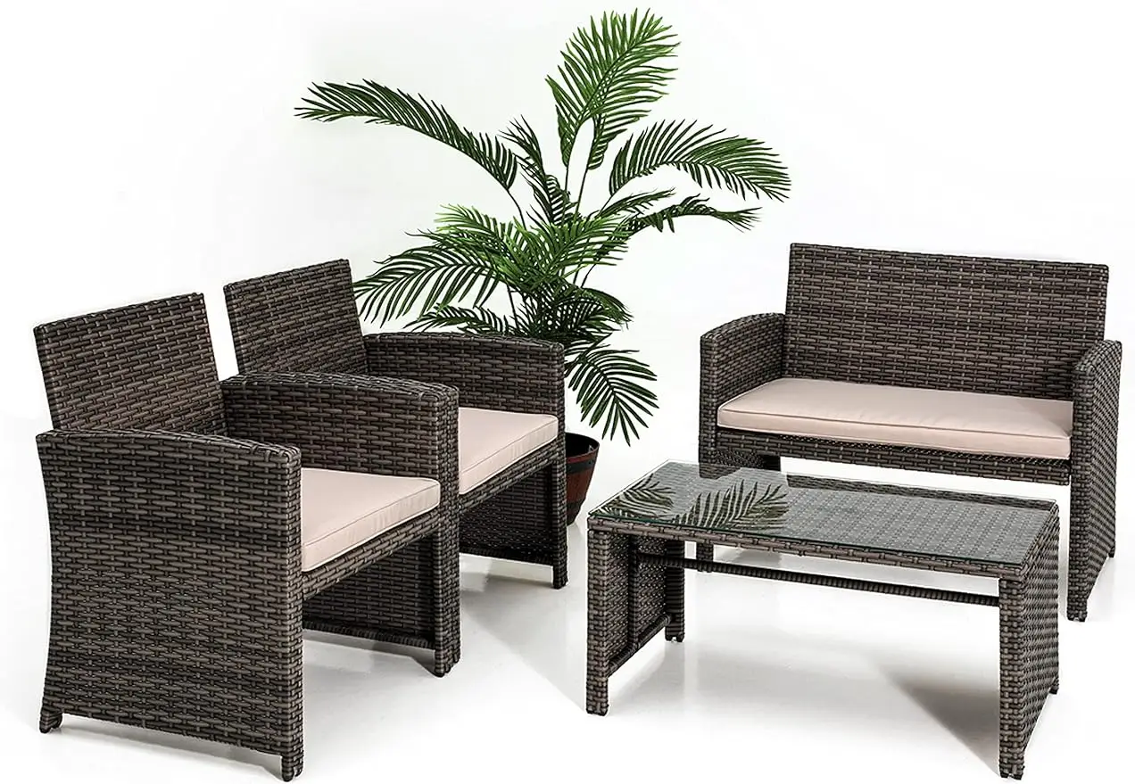 

Porch Furniture 4 Piece Accessories and Decor Outdoor, Balcony Patio Conversation, Bistro Set, PE Rattan Wicker Chairs