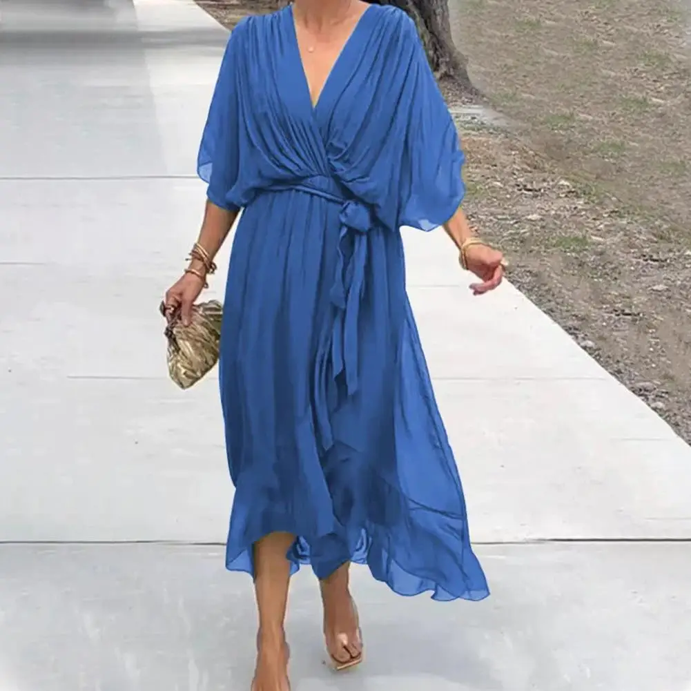 Dress Elegant V Neck Lace-up Midi Dress with Pleated Irregular Bat Sleeves High Waist Ruffle Hem for Dating Commute Fall Midi
Dress Elegant V Neck Lace-up Midi Dress with Pleated Irregular Bat Sleeves High Waist Ruffle Hem for Dating Commute Fall Midi