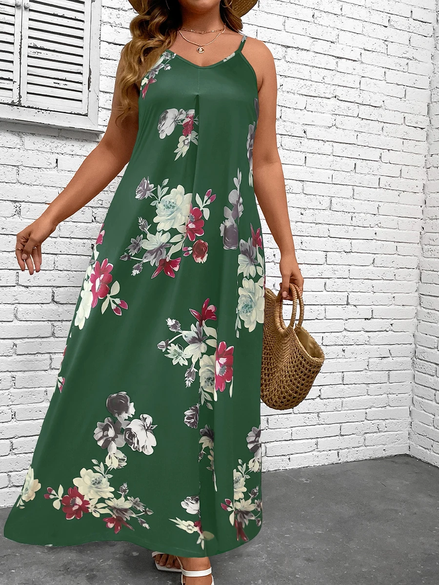 

Finjani Women's Casual Cami Dress, Plus Size Floral Print V Neck Slight Stretch Maxi Cami Elegant Dress