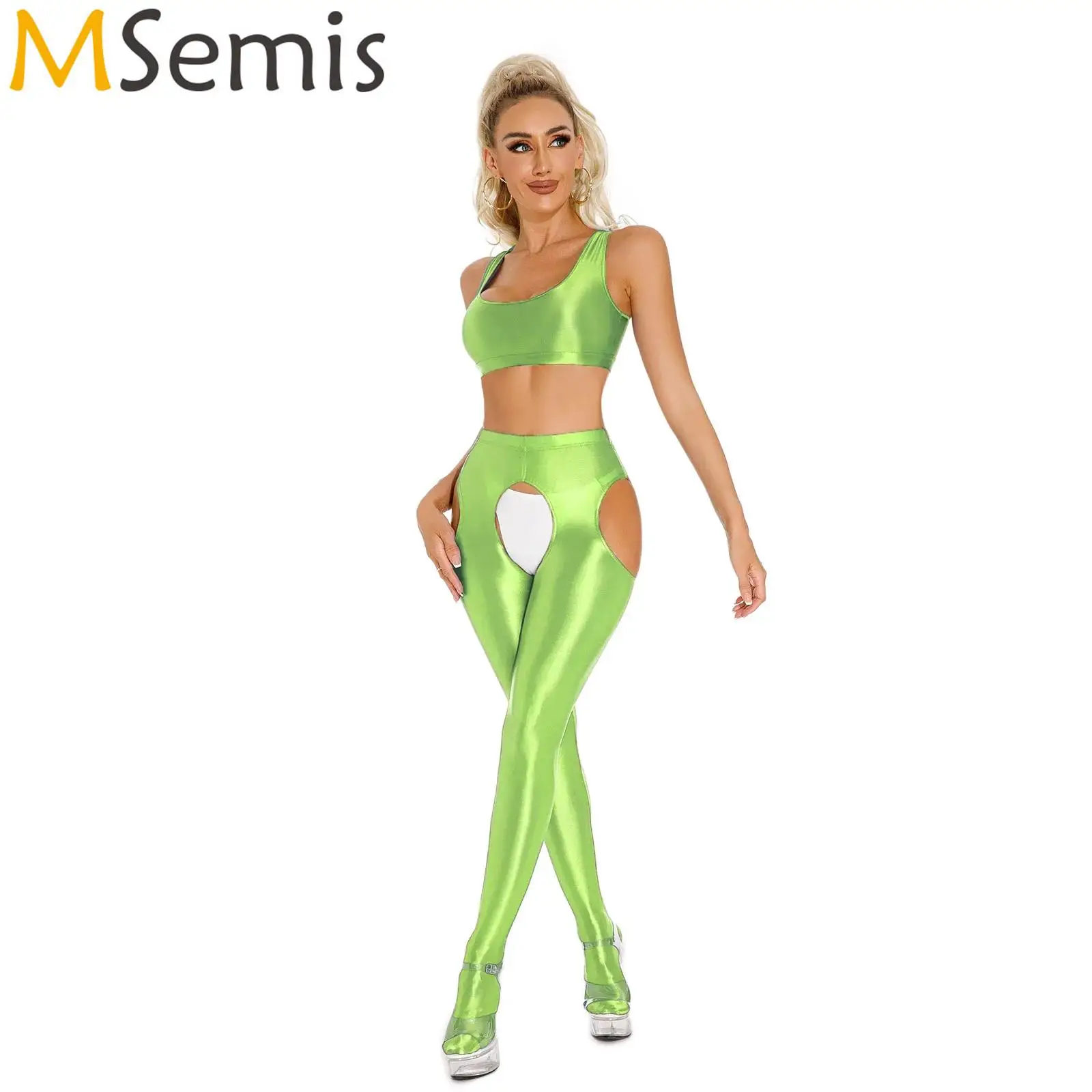 

Womens Oil Glossy Crotchless Lingerie Suit Sleeveless U Neck Racerback Crop Top with Side Cutout Leggings Open Crotch Pantyhose