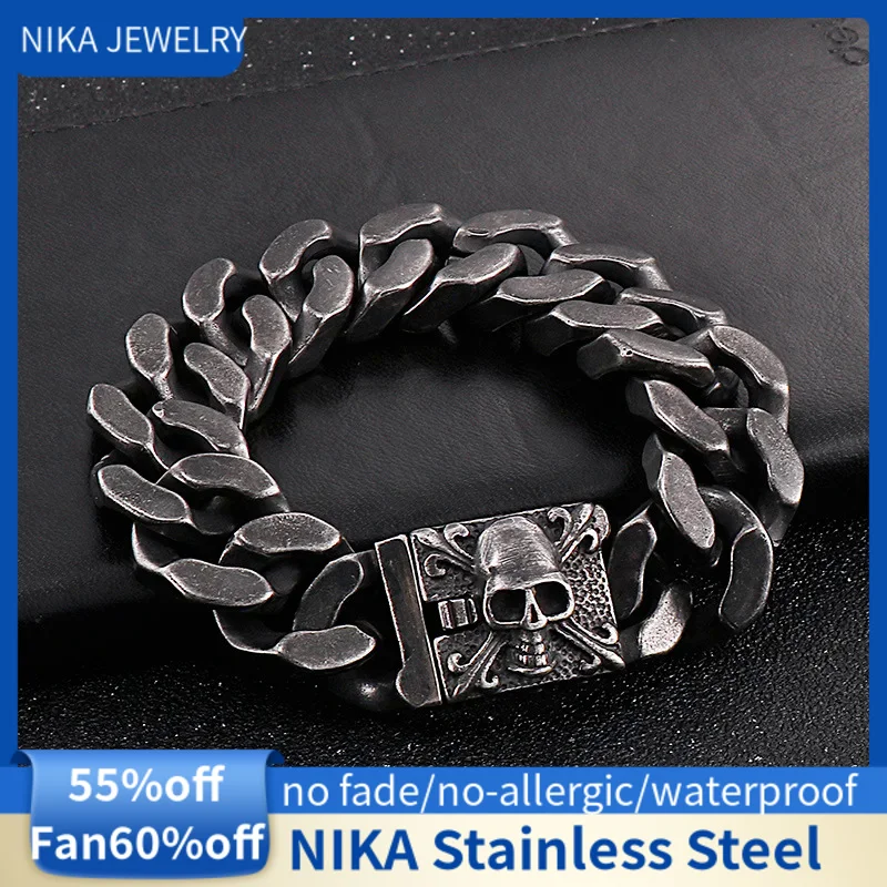 

NIKA Skull Stainless Steel vintage Bracelet, Cuban Link Chain Bracelet For Men, 19-23cm, 20mm
