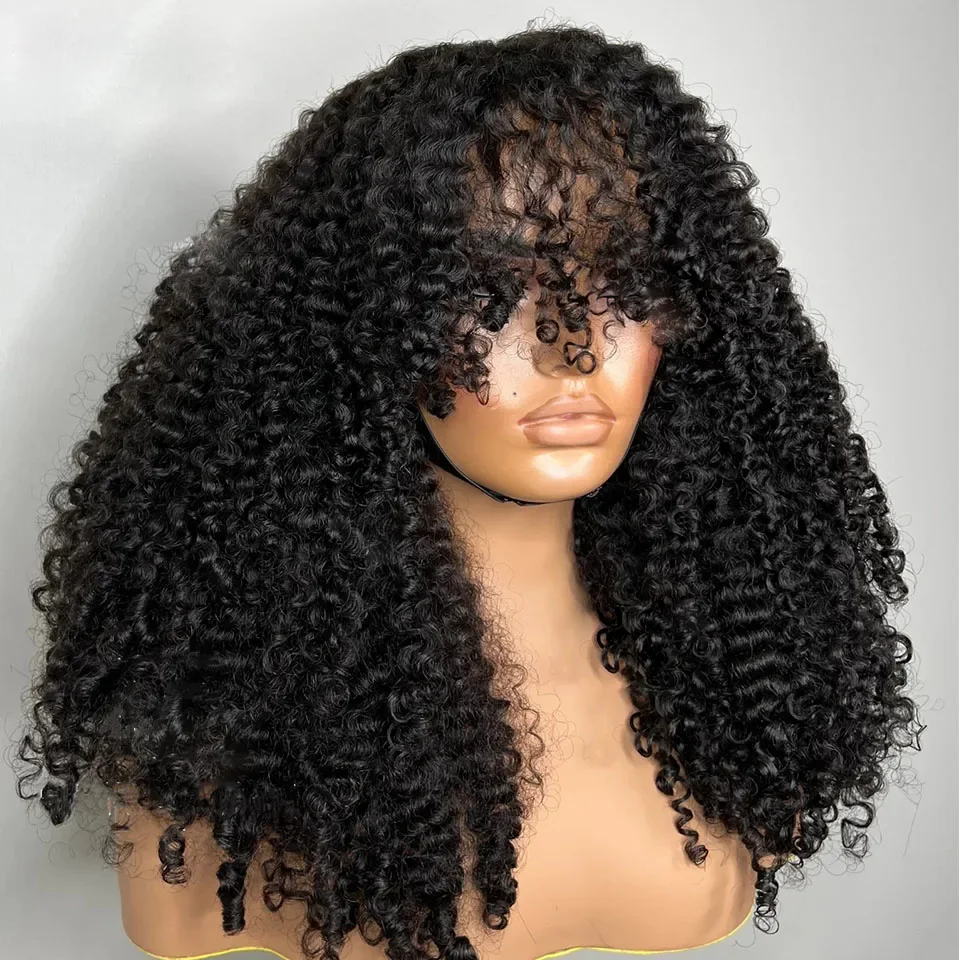 

26inch 180Density Long Natural Black Kinky Curly Machine With Bangs For Women With Baby Hair Preplucked Daily Glueless Wear Wig