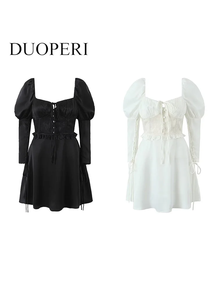 DUOPERI Women Fashion Solid Lace Up Backless Zipper Mini Dress Vintage Square Collar Long Puff Sleeve Female Chic Lady Dresses
DUOPERI Women Fashion Solid Lace Up Backless Zipper Mini Dress Vintage Square Collar Long Puff Sleeve Female Chic Lady Dresses