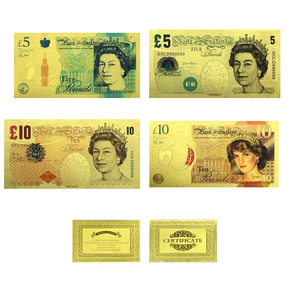Brand New British Colorful Gold Plated Banknote 10pcs/lot Elizabeth II Diana Spencer Dollars 5/10 Pound Fans Collection
Brand New British Colorful Gold Plated Banknote 10pcs/lot Elizabeth II Diana Spencer Dollars 5/10 Pound Fans Collection