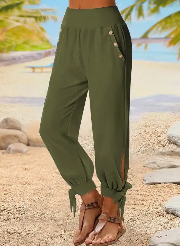 

Women Trousers 2024 Spring/summer Latest Casual Solid Color Versatile Fashion Capris High Waist Tied Detail Button Pocket Pants