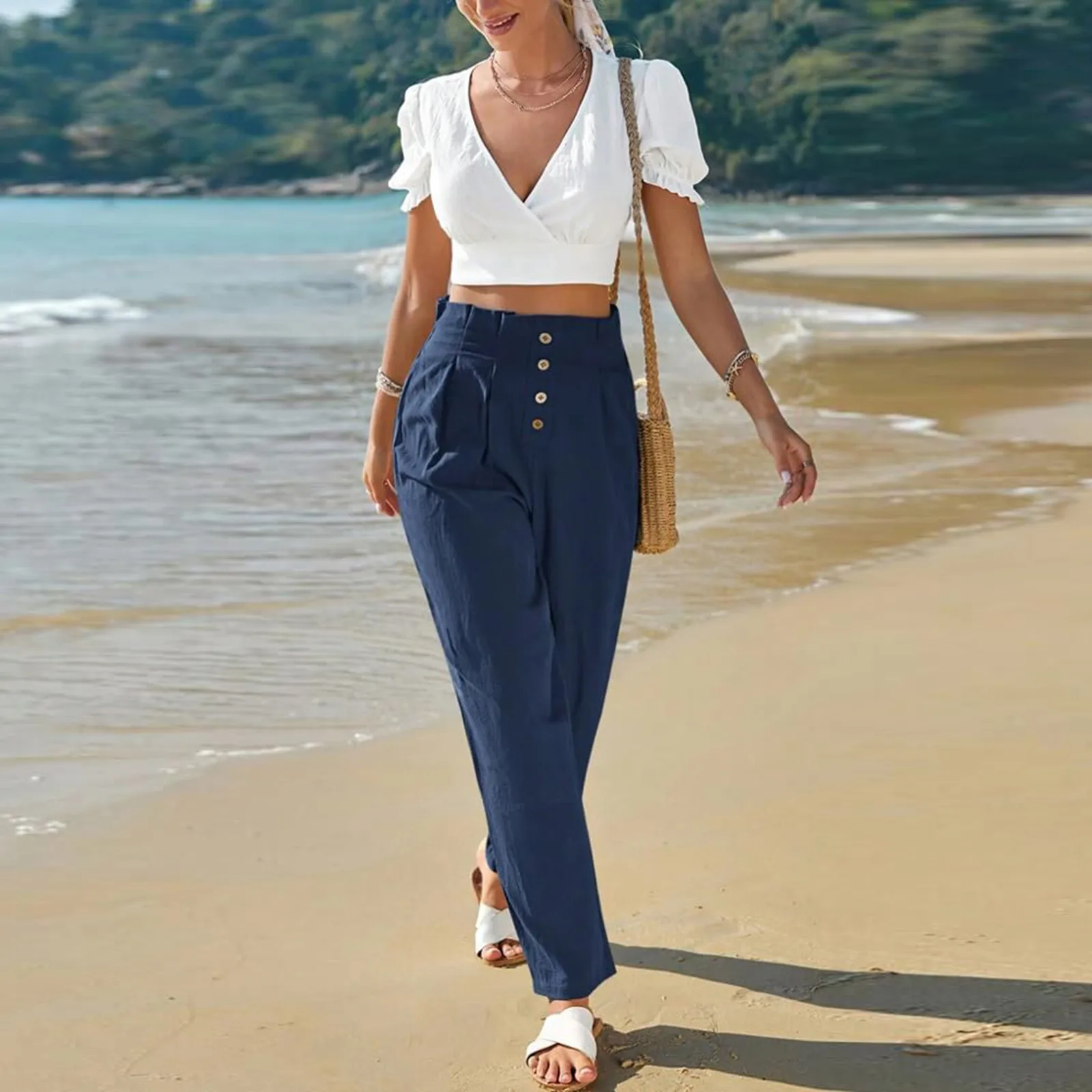 

Summer Beach Sweatpants Wide Straight Leg Pants Womens Elastic High Waisted Cotton Linen Pant Beach Casual Cropped Trousers