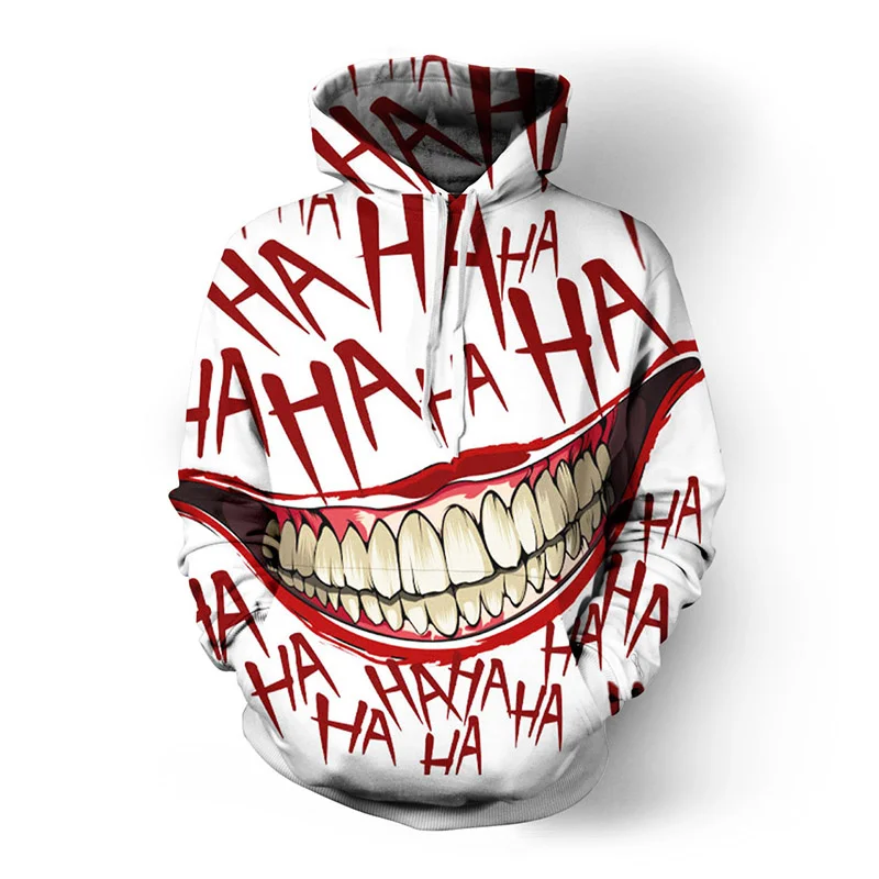 

Joker Funny Hoodie Halloween Crazy Smile Pullover Long Sleeve Sweatshirt Fashion Stree Coats Cool Unisex Sportwear