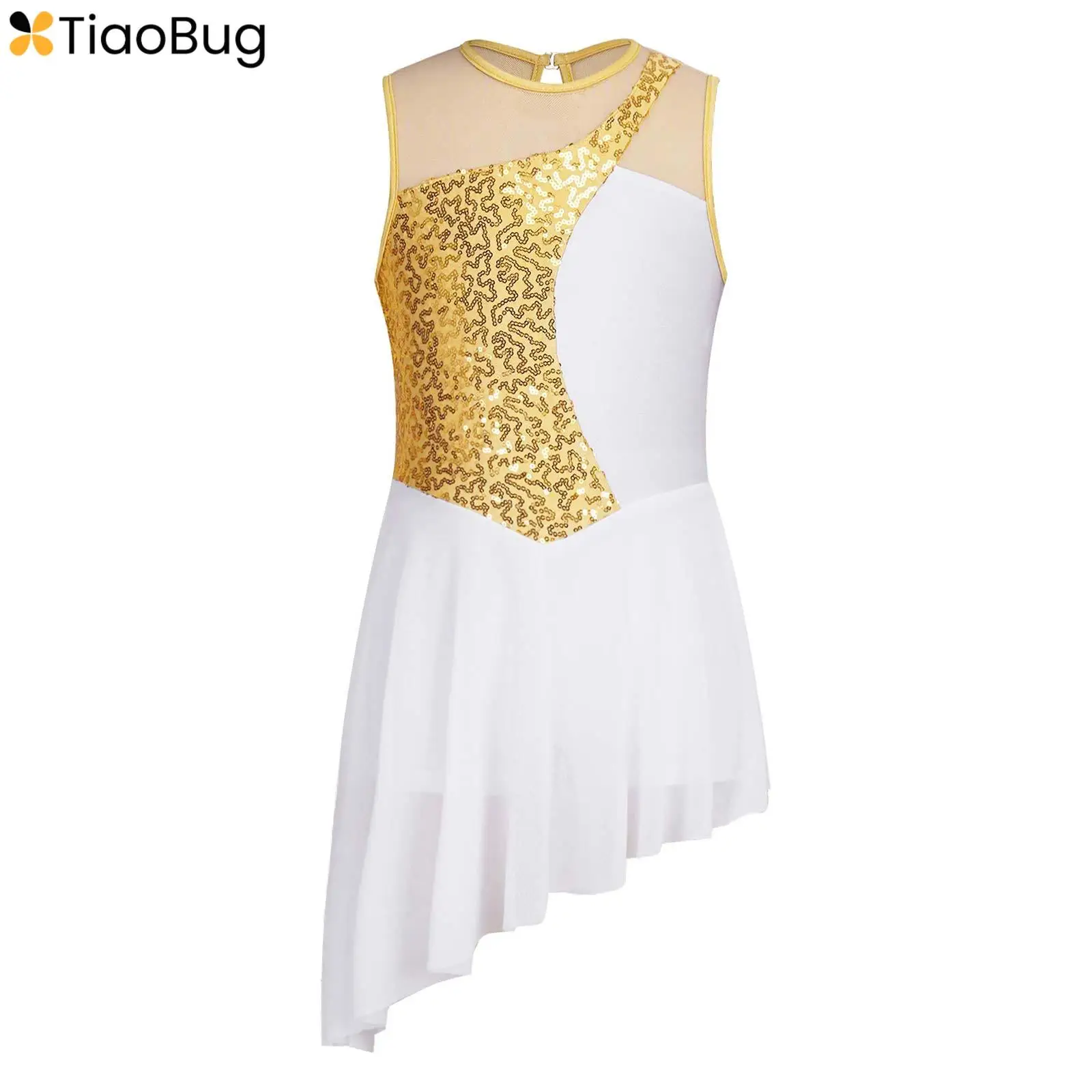 

Kids Girls Sequins Splice Mesh Ballet Lyrical Dance Dress Asymmetrical Tutu Leotard Contemporary Jazz Stage Performance Costume