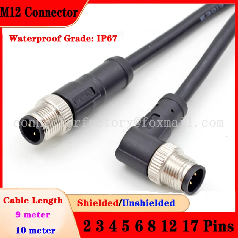 

M12 9m 10m Shield Cable 2P 3P 4P 5P 6P 8P 12P 17Pins Waterproof IP67 Male Female Plug For Power Supply Signal Data Transmission
