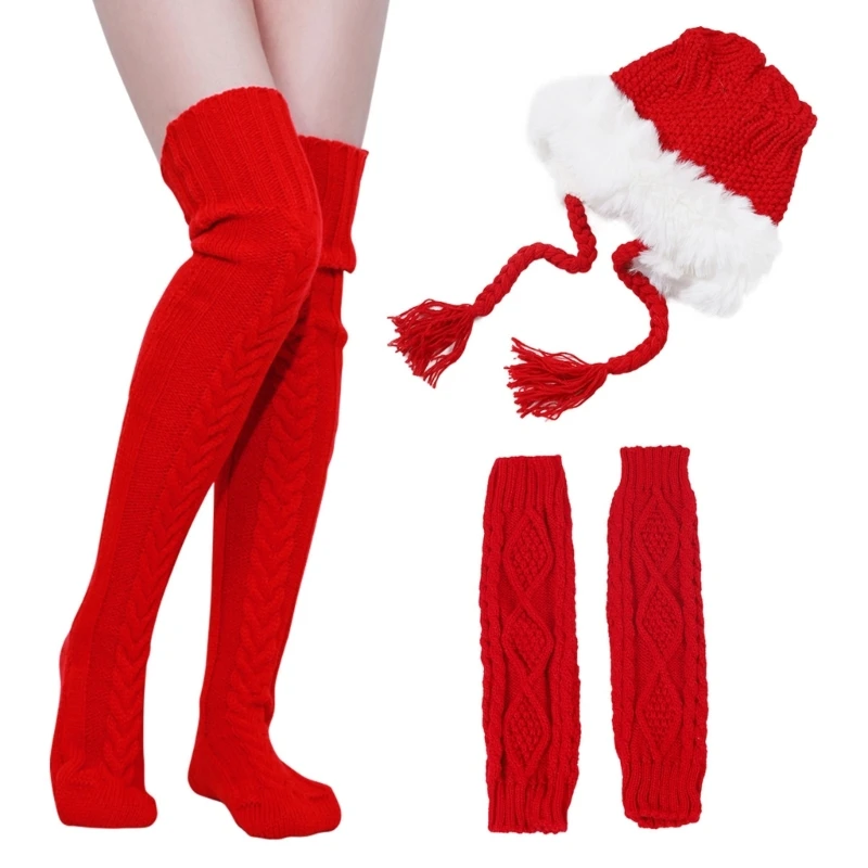 

Santa Cosplay Costume Arm Sleeves Leg Sleeves Beanie Hat for Christmas Celebration Masquerade Balls Dress Up Accessories T8NB