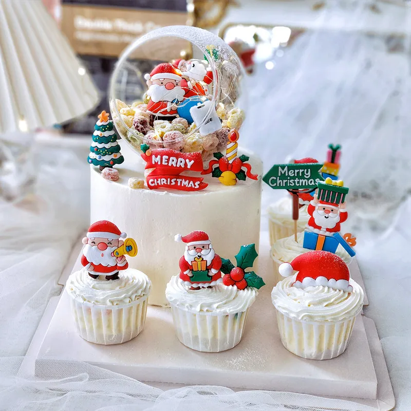 

Cartoon Cake Decorating Supplies Silicone Santa Claus Dolls for Merry Christmas Cake Hat Deer XMAS Cake Topper Sign