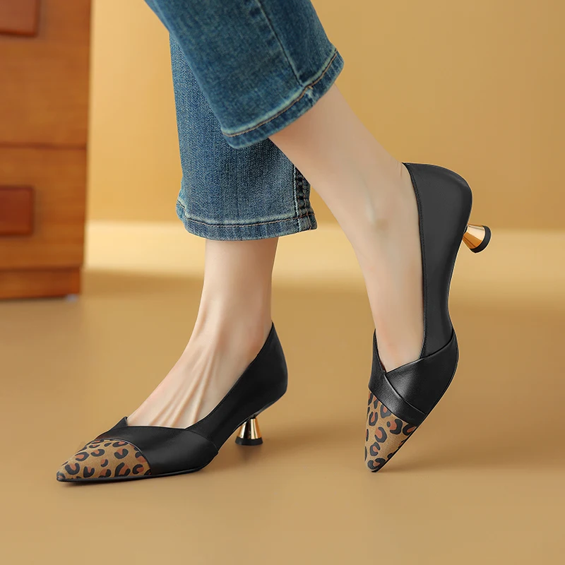 

Leopard Splicing Real Leather Women Pumps Strange Heels Pointed Toe Mixed Colors Elegant Office Lady Shoes Woman Spring Summer