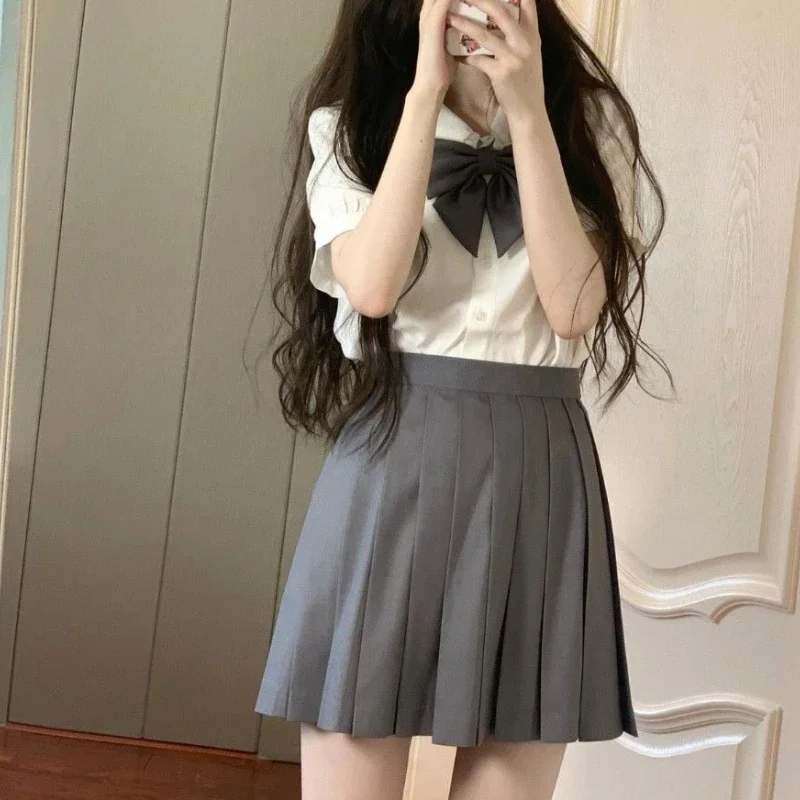 

DAYIFUN-Women's A-Line Pleated Skirts Monochromatic College Style JK Short Skirt Girl's Sweet Mini Dresses Grey Clothing Summer