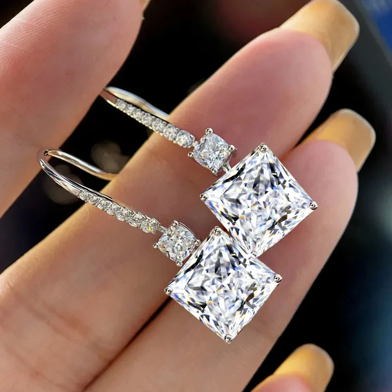 

S925 Sterling Silver Plated hand inlaid high carbon diamond smart square diamond ear hook earrings women's fashion