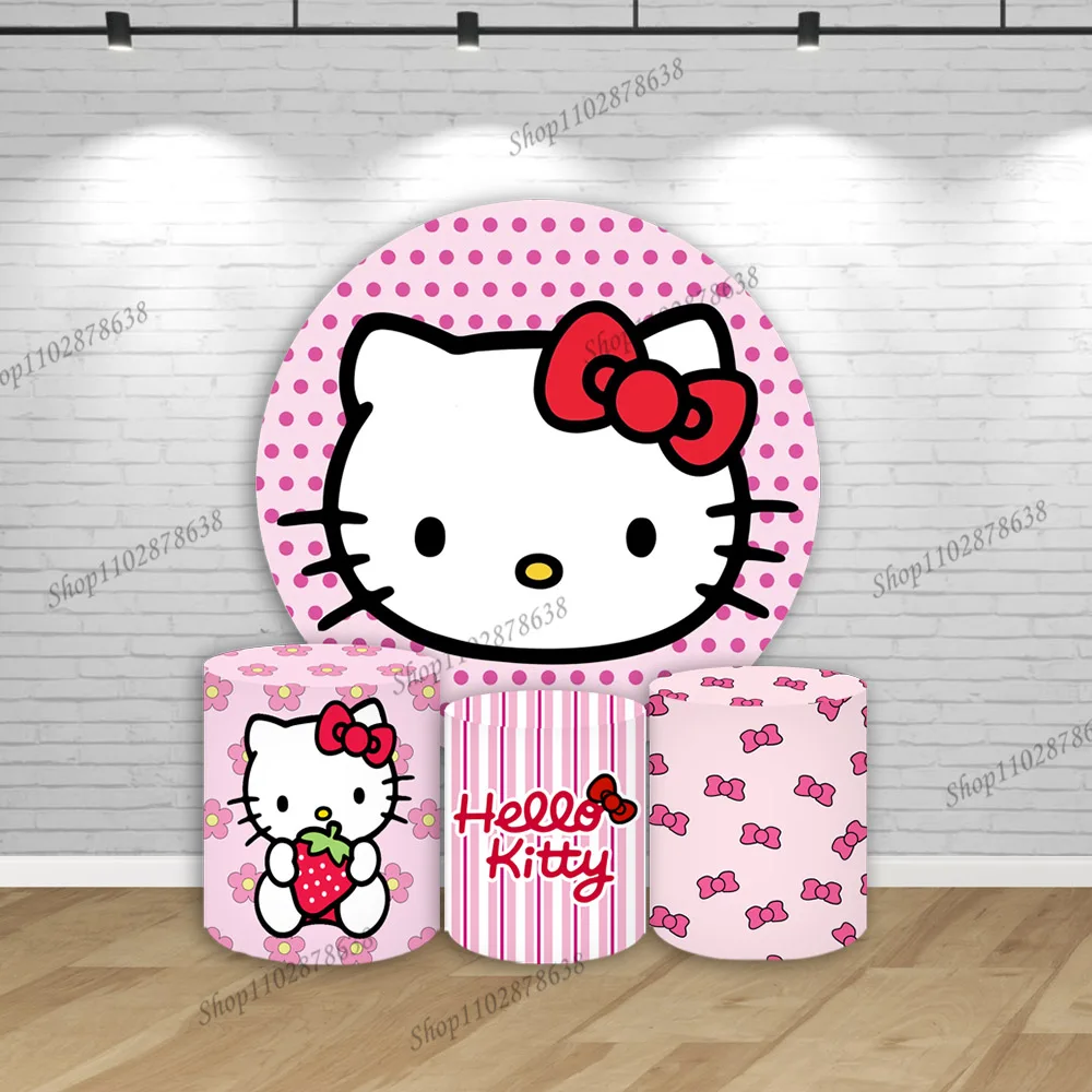 

Тематический фон Hello Kitty для фотосъемки, круглые Чехлы для девочек на 1-й день рождения, детский праздник, розовый кот, Круглый цилиндр, эластичный баннер