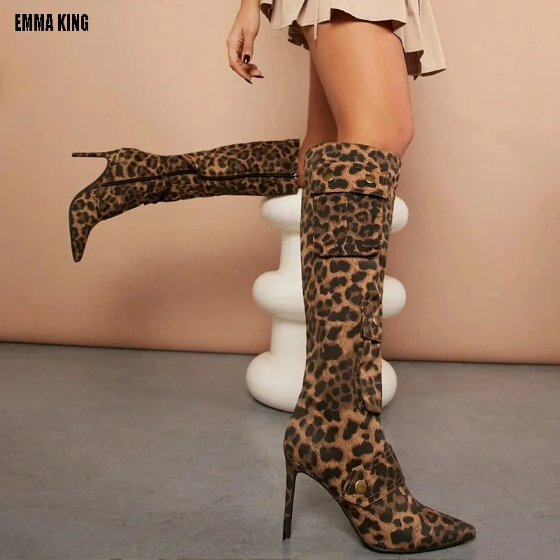 

Camouflage Army Green Color Peep Toe Pocket Knee High Boots Women Leopard print Stiletto Thin Heels Long Fashion Botas 44