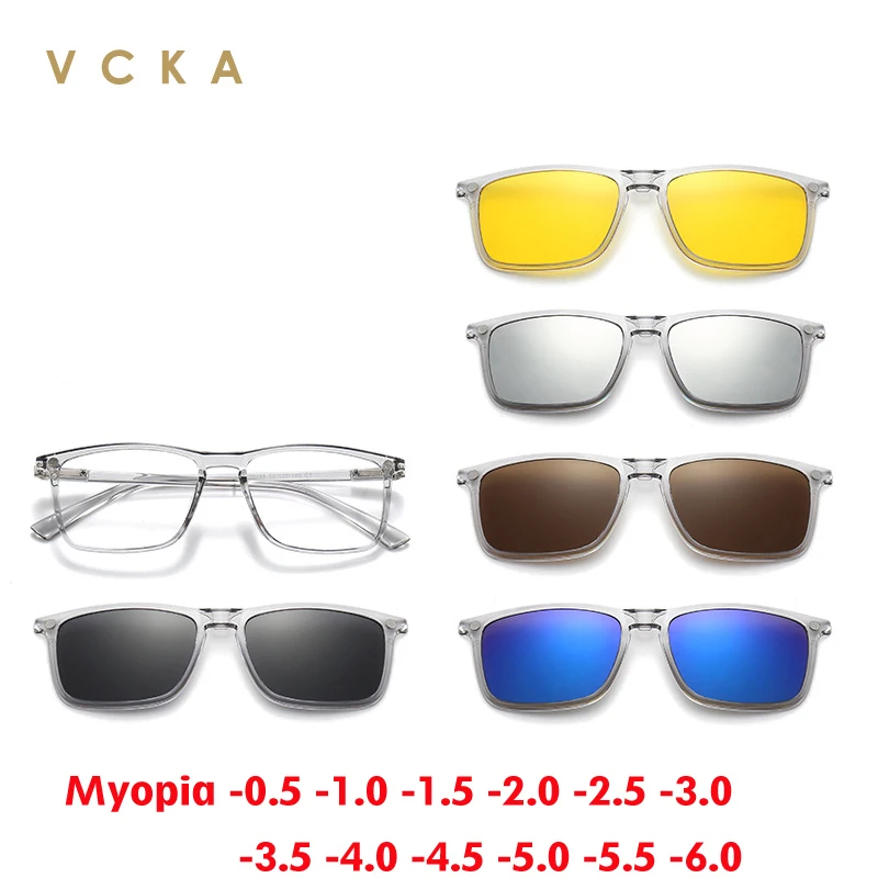 

VCKA 6 In 1 Square Myopia Sunglasses Men Women Polarized Magnetic Clip Glasses Optical Prescription Eyeglass Frame -0.5 to -10