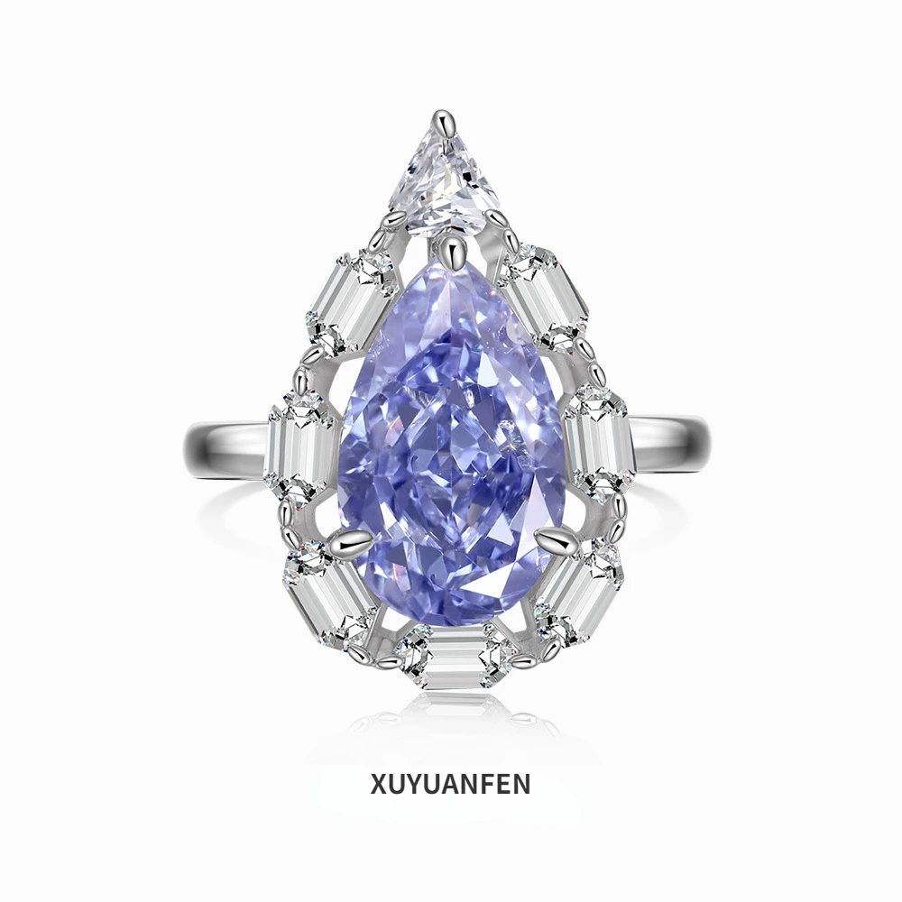 

XUYUANFEN Europeanand American Style New S925 Sterling Silver Ring for Women with Large Water Drop 8A Zircon Luxurious Sea Blue