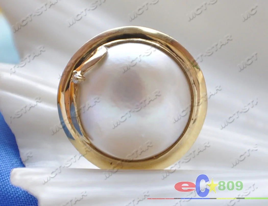 

P3284 HEGE REAL 20MM WHITE SOUTH SEA MABE PEARL Daffodil RING 925SILVER