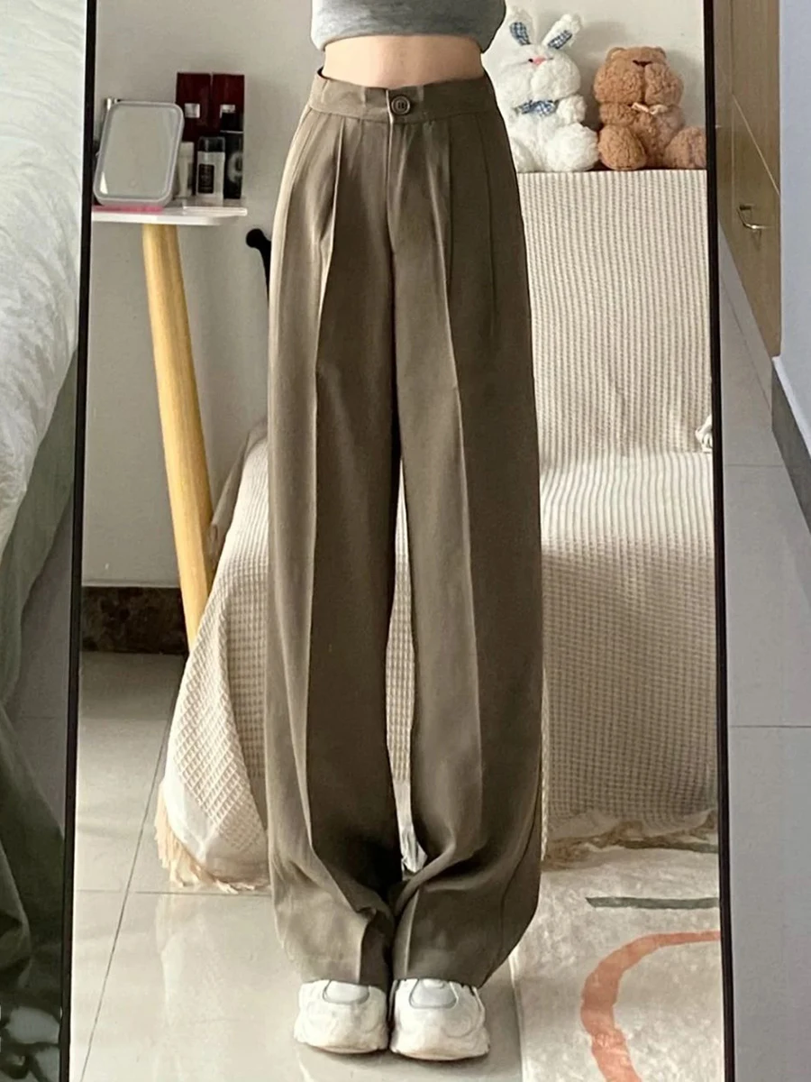 

Setelan celana wanita Korea musim semi dan gugur Sle lurus longgar pinggang tinggi tirai celana kasual pel celana kaki lebar