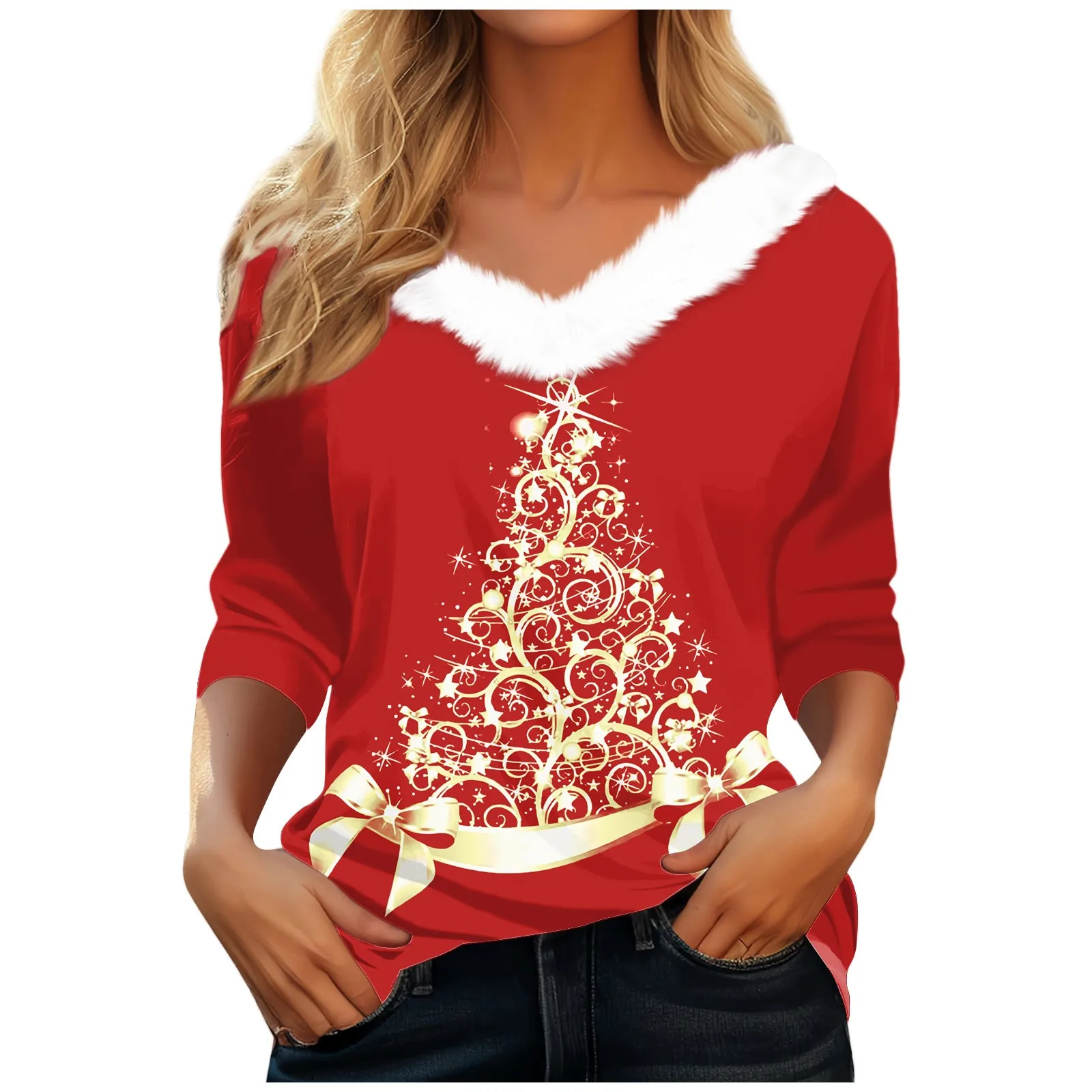 

Женская рождественская футболка с длинным рукавом, флисовый Топ с воротником и V-образным вырезом для рождественской вечеринки, зимняя одежда для женщин 2024 =