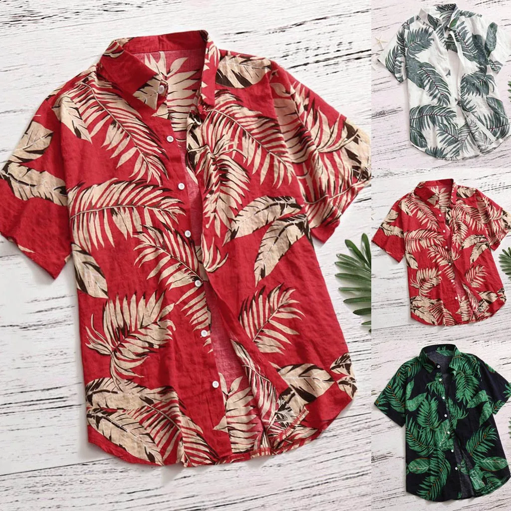 

Summer Hawaiian Red Shirts Tropical Shirts Floral Men Tops Casual Shirt Short Sleeve Cotton Button Chemise Loose Vacation Beach
