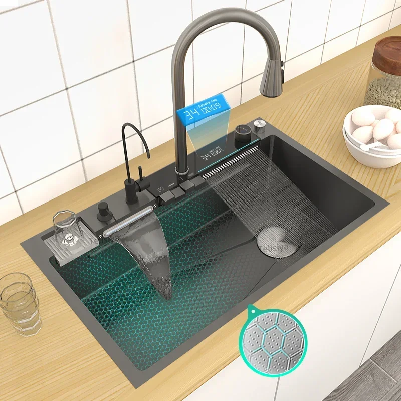 304 Stainless Steel Kitchen Sink Double Waterfall Integrated Digital Display Faucet Set Embossed Washing Basin For Kitchen
304 Stainless Steel Kitchen Sink Double Waterfall Integrated Digital Display Faucet Set Embossed Washing Basin For Kitchen