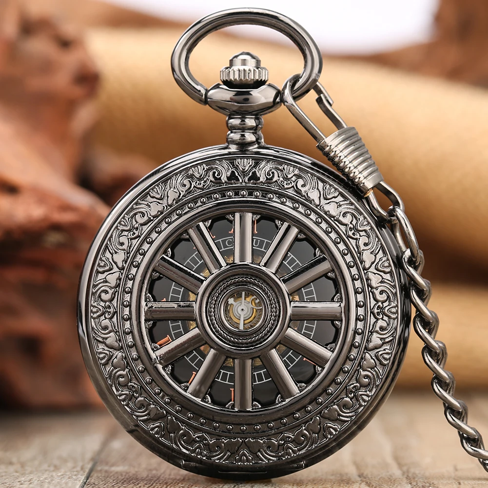 

Antique Hollow Hub Pattern Mechanical Hand Winding Pocket Watch Men Roman Numerals Pendant Fob Chain Retro Timepiece Gift