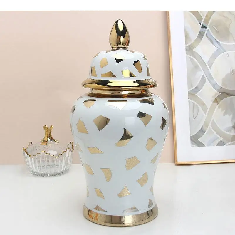 

Gold Plated Shard Texture Ceramic Storage Jars Porcelain Ginger Jar Tea Canister Desk Decoration Jewelry Box Cosmetic Containers