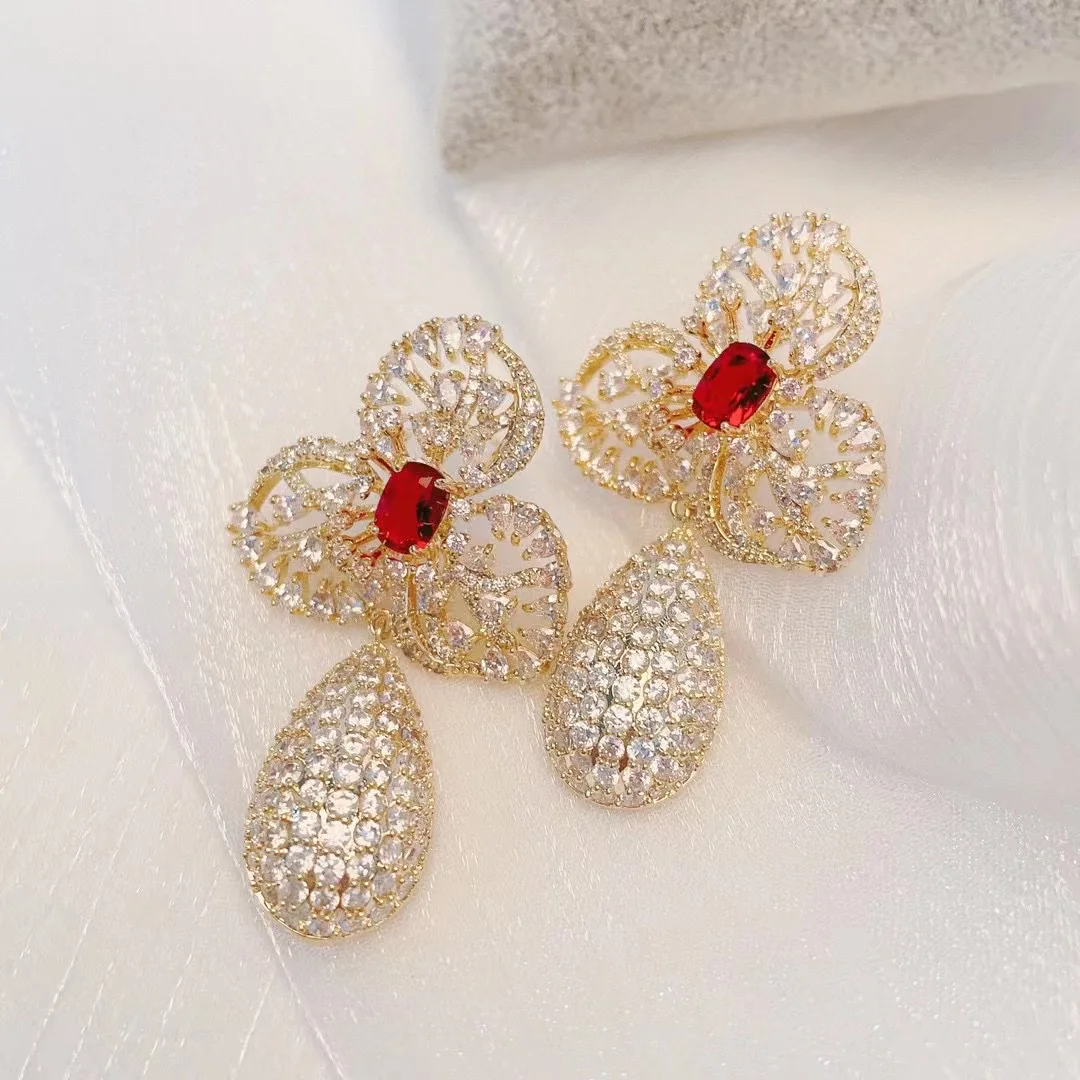 

Luxury Flower Cubic Zirconia Drop Earrings Elegant Women Wedding Banquet Jewelry Multicolor Design Gold Plating Dangle Earring