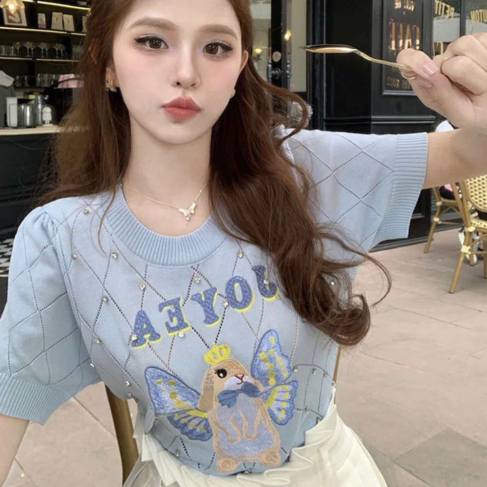 Diamonds Cartoon Short Sleeve Women Knitted T-shirt Korean Fashion Pullover Sweaters Loose Knitwear Tops 2023 Summer Sweater Tee
Diamonds Cartoon Short Sleeve Women Knitted T-shirt Korean Fashion Pullover Sweaters Loose Knitwear Tops 2023 Summer Sweater Tee