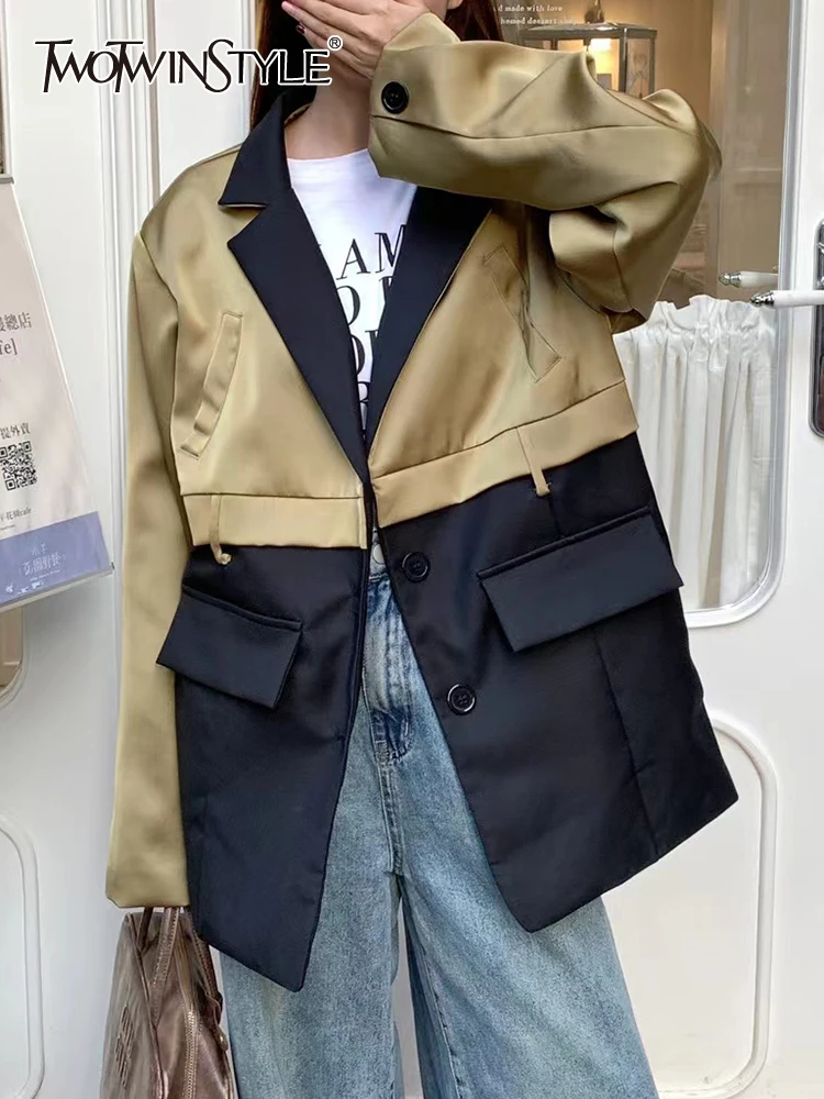 TWOTWINSTYLE Colorblock Casual Loose Patchwork Button Blazers For Women Notched Collar Long Sleeve Spliced Pockets Blazer Female
TWOTWINSTYLE Colorblock Casual Loose Patchwork Button Blazers For Women Notched Collar Long Sleeve Spliced Pockets Blazer Female