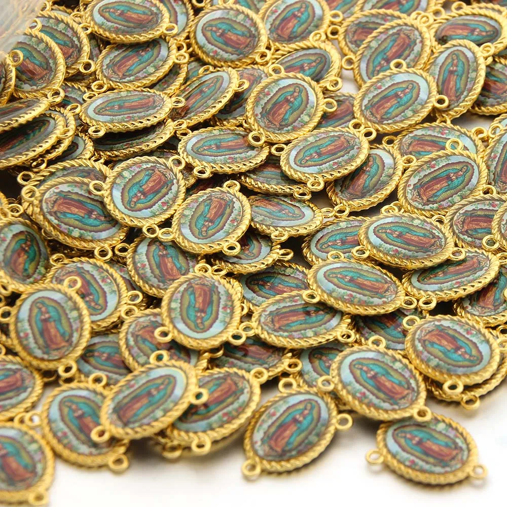 

10PCS/lot Gold Rosary Centers Centerpiece Saints Image Sticker Catholic Medal Jesus Mary Holy Family Religious Connector