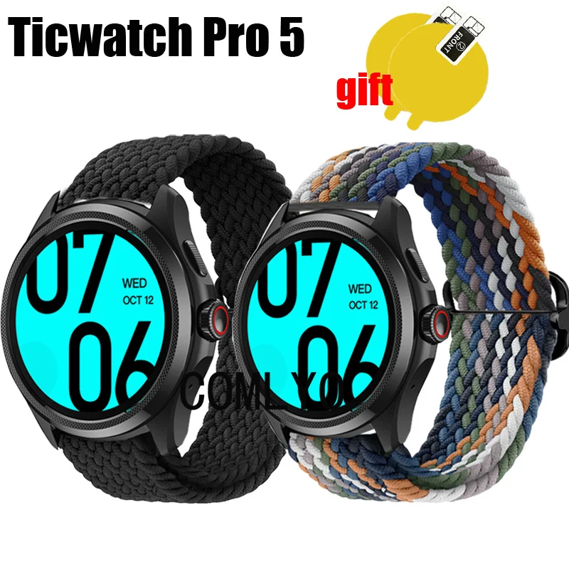 

For Smart watch TicWatch Pro 5 Strap Band Nylon Belt Adjustable Soft Breathable Wristband Bracelet Screen protector