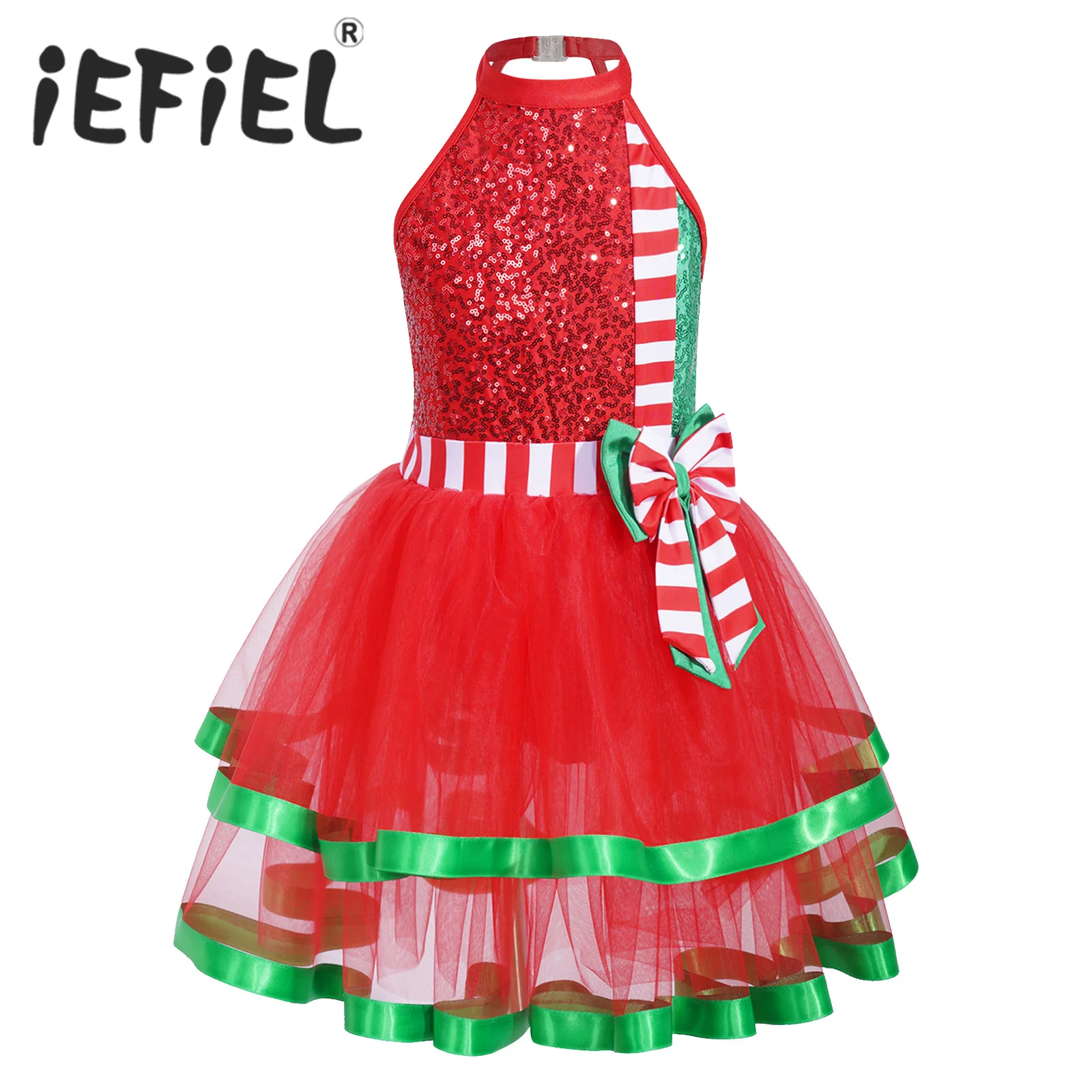 

Kids Girls Christmas Elf Costume Sequins Ballet Tutu Leotard Dance Dress Figure Skating Xmas New Year Santa Performance Outfit