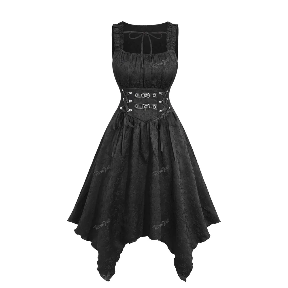 

ROSEGAL Plus Size Gothic Dresses Black Vestidos Floral Jacquard Embroidered PU Straps Grommet Buckle Lace Up Handkerchief Dress