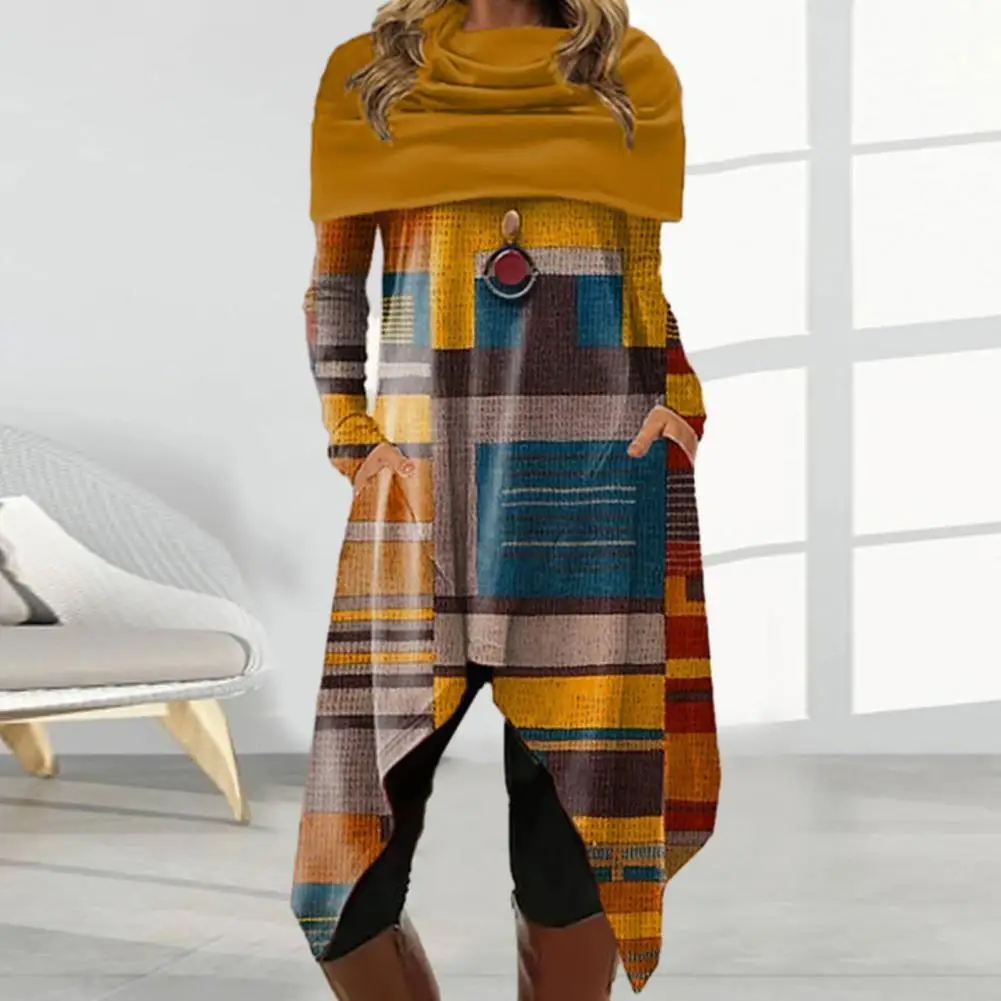 

Retro Print Casual Dress Colorblock Digital Print Shawl Collar Women's Midi Dress with Irregular Hem Pockets Women Mid-length