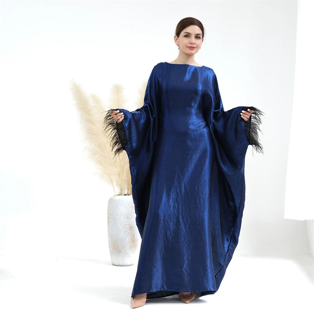 

Eid Party Satin Feather Abaya Modest Bat Sleeve Loose Maxi Dress Turkey Arabic Kaftan Islam Robe Morocco Dubai Jalabiya Vestidos