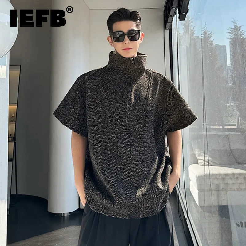 

IEFB Korean Style Men's T-shirt Turtleneck Maillard Herringbone Fabric Bat Short Sleeve Zippered Male Top 2024 Spring 9C5067