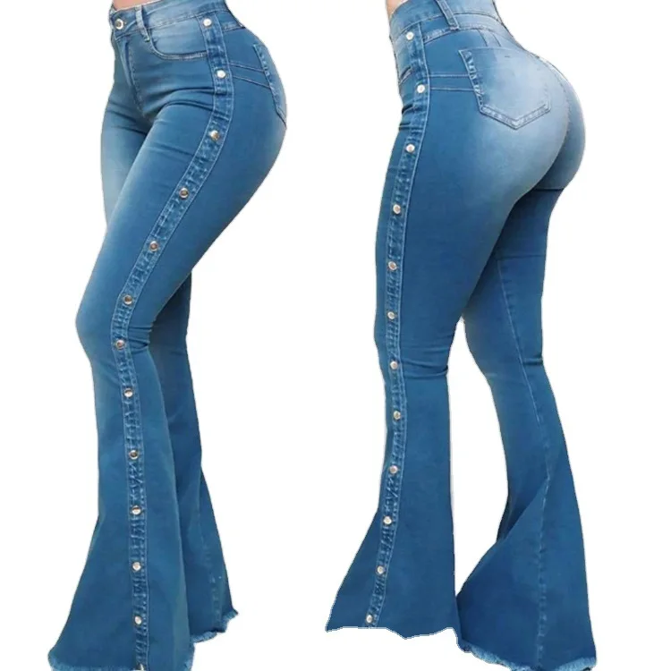 

2020 Hot Women's New High Waisted Elastic Wide Leg Versatile Women's Mopping Horn Jeans Hip Lifting Slim Fit Blue Denim