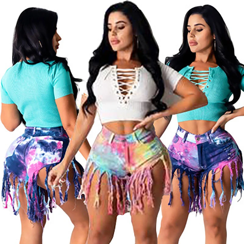 

Fashion Plus Size Button Pants High Waist Bodycon Distressed Shorts Tie Dyed Tassels Casual Hot Jean Shorts Women