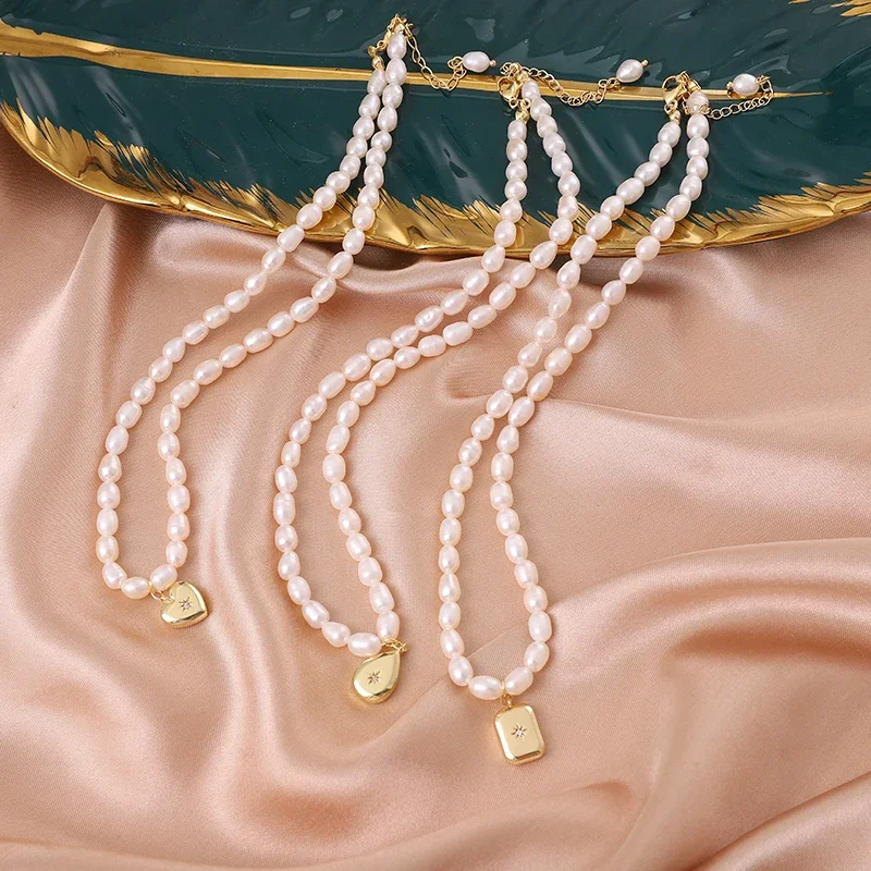 

Minar Delicate Multi Designs Genuine Freshwater Pearl Chokers Necklaces for Women Gold Square Water Drop Heart Pendant Necklace