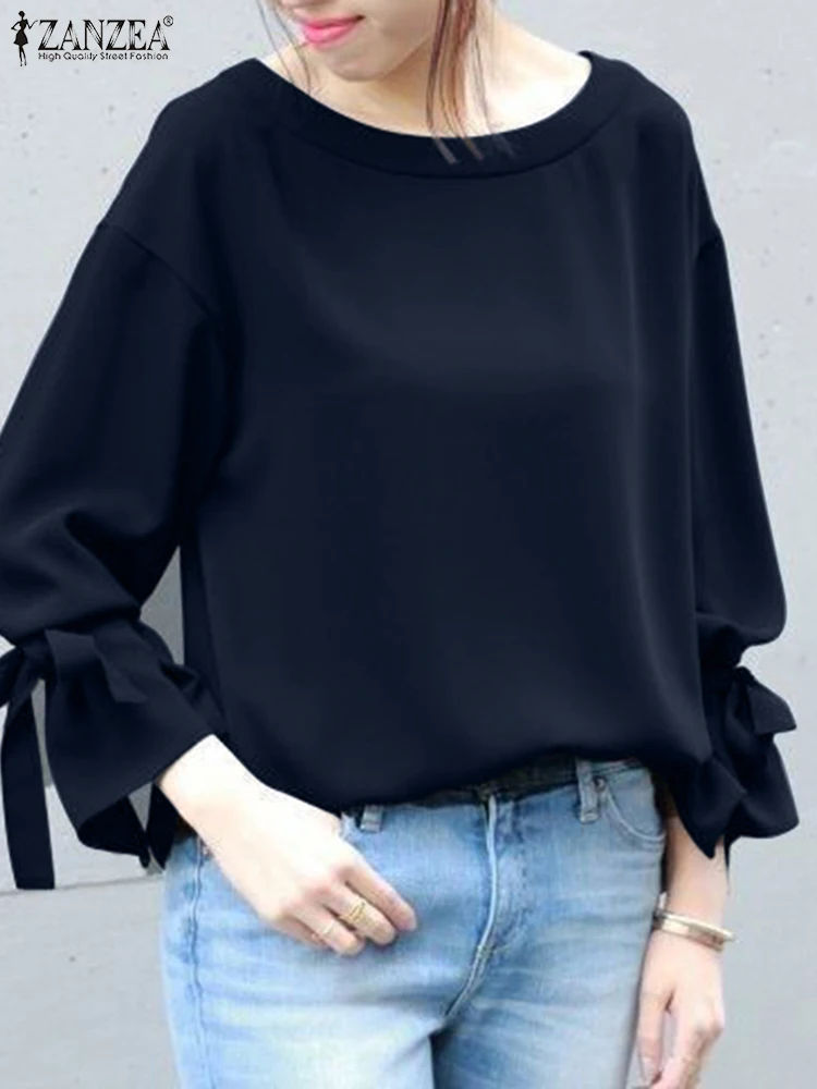 

Женская элегантная рубашка ZANZEA, модная однотонная блузка, женская рубашка с длинным рукавом и круглым вырезом, осенняя Повседневная Праздничная туника, топы оверсайз 2024