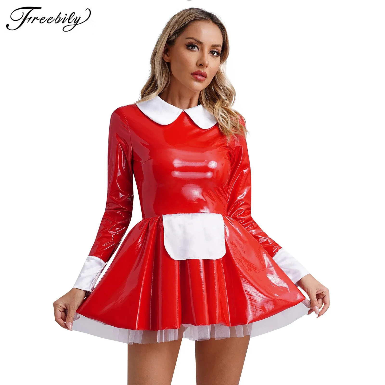 Womens Sweet Maid Dress Halloween Cosplay Patent Leather Long Sleeve Satin Apron Tulle Underskirt A-Line Dress Clubwear
Womens Sweet Maid Dress Halloween Cosplay Patent Leather Long Sleeve Satin Apron Tulle Underskirt A-Line Dress Clubwear