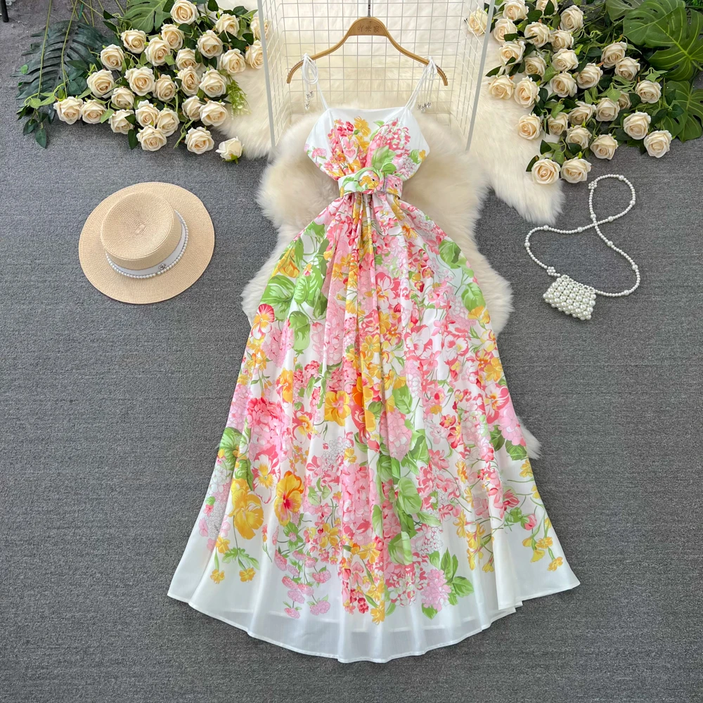 

ALPHALMODA 2024 Spring New Women Floral Belted Sling Dress A-line Sweet Holiday Vacation Beach Sundress