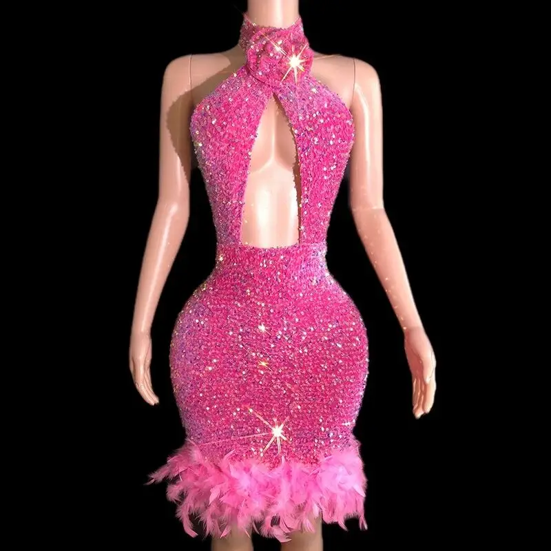 

Shinning Sequins Feathers Pink Sexy Backless Halter Sheath Dress Evening Party Performance Costume Nightclub Singer Dancer Stage