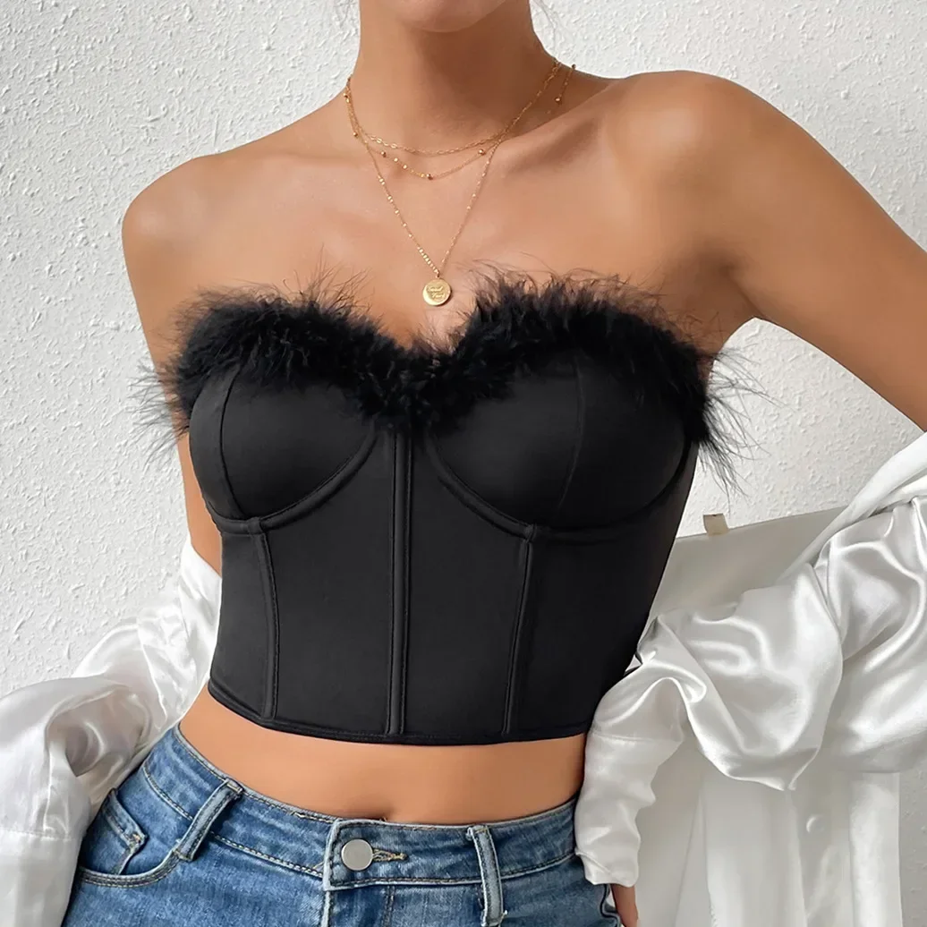 

Spicy Girl Low Chest Eyelash Splice Wrapped Chest Short Feather Steel Ring Fish Bone Sexy Women Top